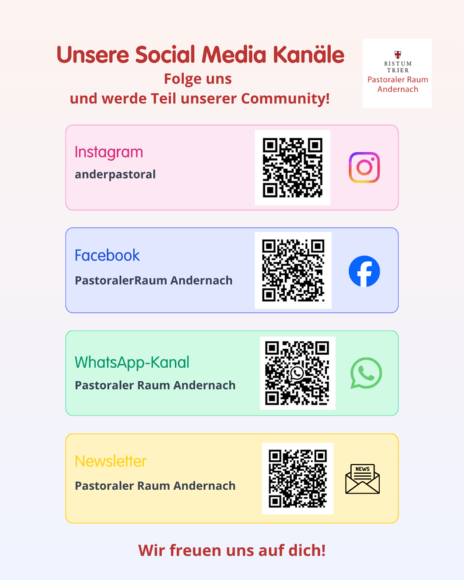 Social Media - PastR Andernach Übersicht über die social media Kanäle des PastR Andernach mit QR-Codes
